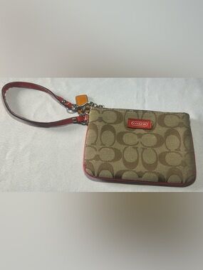 Coach Signature Jacquard Wristlet in Khaki with Red Trim